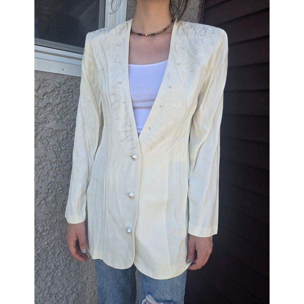 Women's Vintage Antique Beaded Funky Silky Pearl Flattering Blazer Jacket